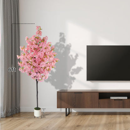 Artificial Cherry Blossom Tree 6FT Pink Tree: Realistic Fake Sakura Flowers Pink Plant, Lifelike Silk Faux Tree for Home Living Room Office Indoor Outdoor Decor, Housewarming