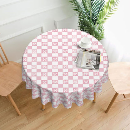 Tablecloth Pink Check Bow Pattern Round 60 x 60 Inch Table Cover Polyester Stain and Wrinkle Resistant Table Cloth for Kitchen Dining Coffee Party