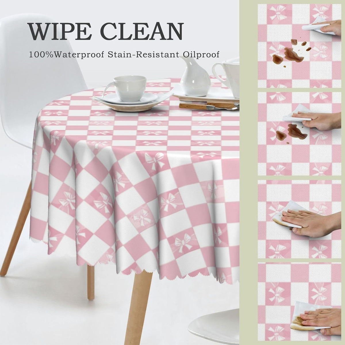 Tablecloth Pink Check Bow Pattern Round 60 x 60 Inch Table Cover Polyester Stain and Wrinkle Resistant Table Cloth for Kitchen Dining Coffee Party