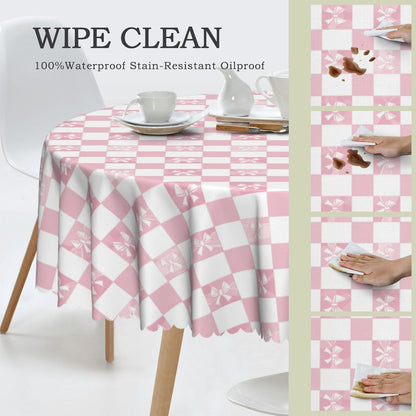 Tablecloth Pink Check Bow Pattern Round 60 x 60 Inch Table Cover Polyester Stain and Wrinkle Resistant Table Cloth for Kitchen Dining Coffee Party