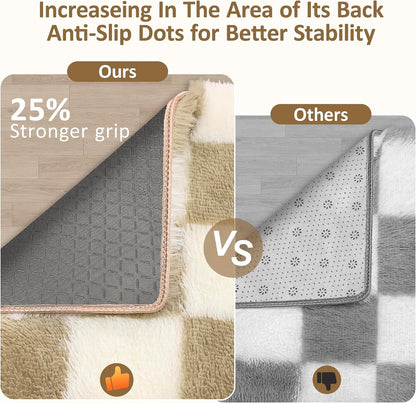 Soft Shag Fluffy Small Rug for Bedroom, 2x3 Washable Fuzzy Beige Checkered Rug for Living Room Indoor Entryway Throw Rugs for Kids Girls Boys Room Nursery