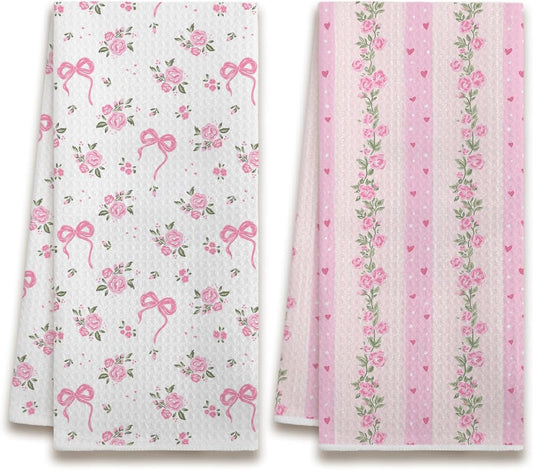 Pink Heart Floral Coquette Bow Cottagecore Hand Dish Tea Towels for Kitchen Bathroom Decor Decorations, 16x24 Inch, Set of 2