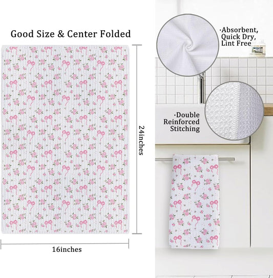 Pink Heart Floral Coquette Bow Cottagecore Hand Dish Tea Towels for Kitchen Bathroom Decor Decorations, 16x24 Inch, Set of 2