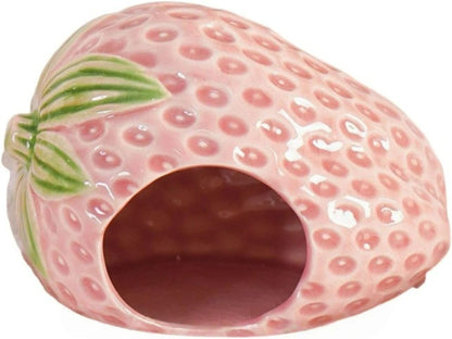 Strawberry Ceramic Hamster Hideout, Summer Cool Cave for Small Pets, Chew Resistant & Easy Clean Hamster House, Decorative Hideaway for Syrian Dwarf Hamsters, Mice (Big Strawberry - Pink)