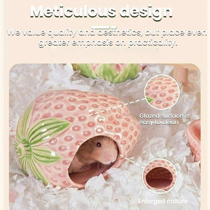 Strawberry Ceramic Hamster Hideout, Summer Cool Cave for Small Pets, Chew Resistant & Easy Clean Hamster House, Decorative Hideaway for Syrian Dwarf Hamsters, Mice (Big Strawberry - Pink)