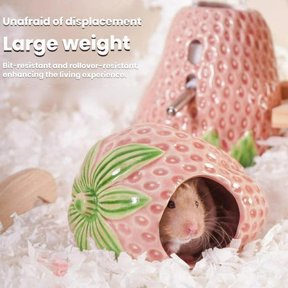 Strawberry Ceramic Hamster Hideout, Summer Cool Cave for Small Pets, Chew Resistant & Easy Clean Hamster House, Decorative Hideaway for Syrian Dwarf Hamsters, Mice (Big Strawberry - Pink)