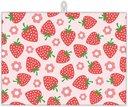 Pink Strawberry Dish Drying Rack Mat for Kitchen Counter,Cute Flowers Dish Drying Pad Absorbent Reversible Microfiber Protector for Coffee Bar Sink Countertops 18x24 Inch