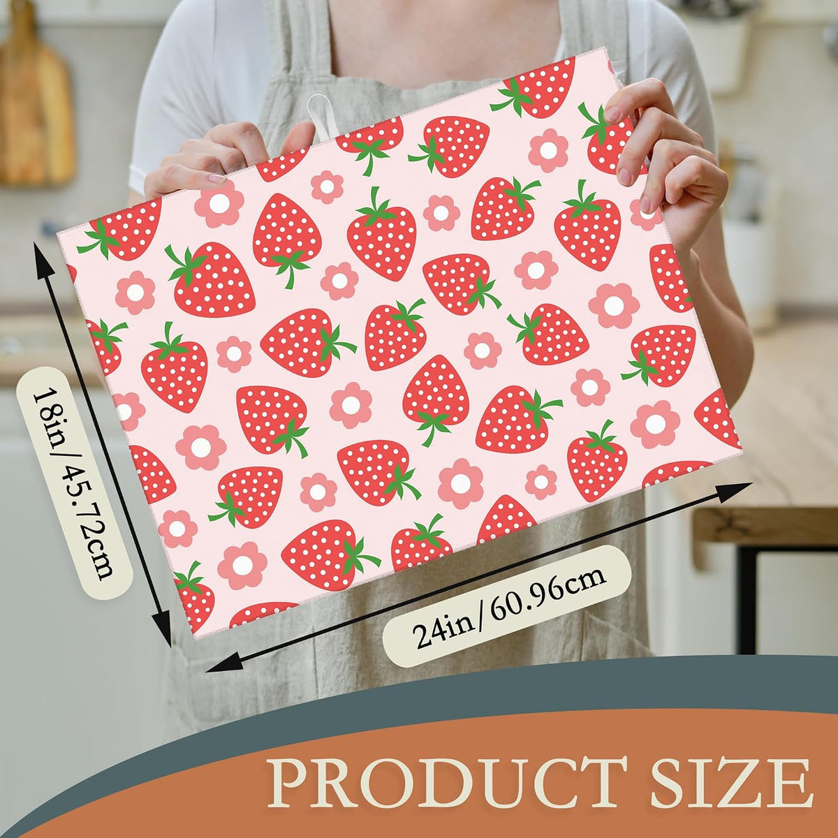 Pink Strawberry Dish Drying Rack Mat for Kitchen Counter,Cute Flowers Dish Drying Pad Absorbent Reversible Microfiber Protector for Coffee Bar Sink Countertops 18x24 Inch