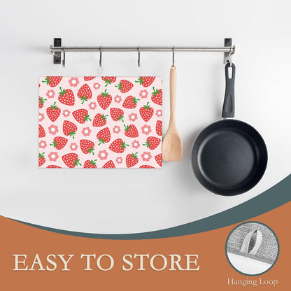 Pink Strawberry Dish Drying Rack Mat for Kitchen Counter,Cute Flowers Dish Drying Pad Absorbent Reversible Microfiber Protector for Coffee Bar Sink Countertops 18x24 Inch
