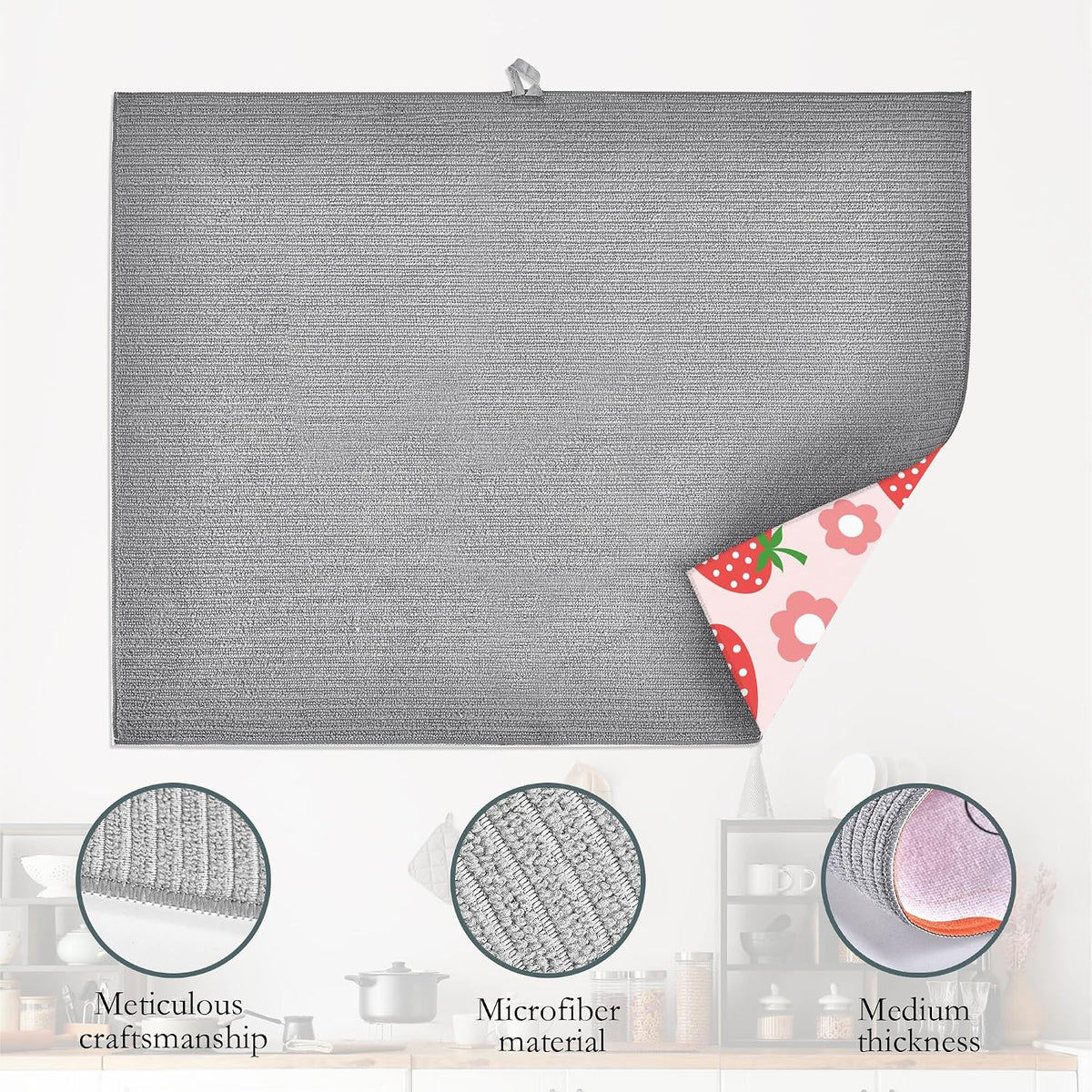 Pink Strawberry Dish Drying Rack Mat for Kitchen Counter,Cute Flowers Dish Drying Pad Absorbent Reversible Microfiber Protector for Coffee Bar Sink Countertops 18x24 Inch