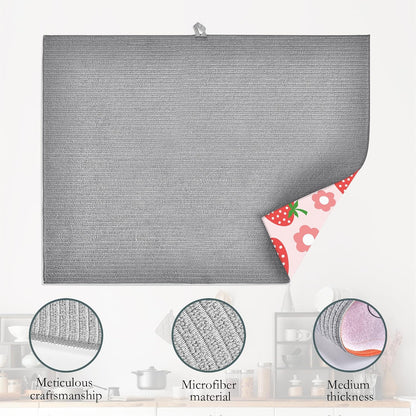 Pink Strawberry Dish Drying Rack Mat for Kitchen Counter,Cute Flowers Dish Drying Pad Absorbent Reversible Microfiber Protector for Coffee Bar Sink Countertops 18x24 Inch
