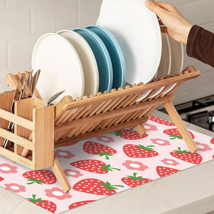 Pink Strawberry Dish Drying Rack Mat for Kitchen Counter,Cute Flowers Dish Drying Pad Absorbent Reversible Microfiber Protector for Coffee Bar Sink Countertops 18x24 Inch