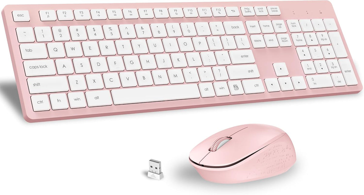 Pink Wireless Keyboard and Mouse Combo, Full-Sized Ergonomic Computer Keyboard, 2.4GHz Cordless Keyboard Silent Mouse Set with 2-in-1 USB Receiver, 12 FN Shortcuts for Windows Laptop, PC/Mac