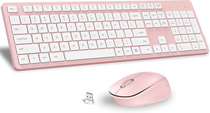 Pink Wireless Keyboard and Mouse Combo, Full-Sized Ergonomic Computer Keyboard, 2.4GHz Cordless Keyboard Silent Mouse Set with 2-in-1 USB Receiver, 12 FN Shortcuts for Windows Laptop, PC/Mac