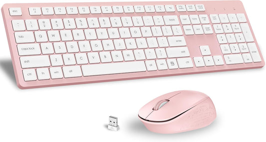 Pink Wireless Keyboard and Mouse Combo, Full-Sized Ergonomic Computer Keyboard, 2.4GHz Cordless Keyboard Silent Mouse Set with 2-in-1 USB Receiver, 12 FN Shortcuts for Windows Laptop, PC/Mac