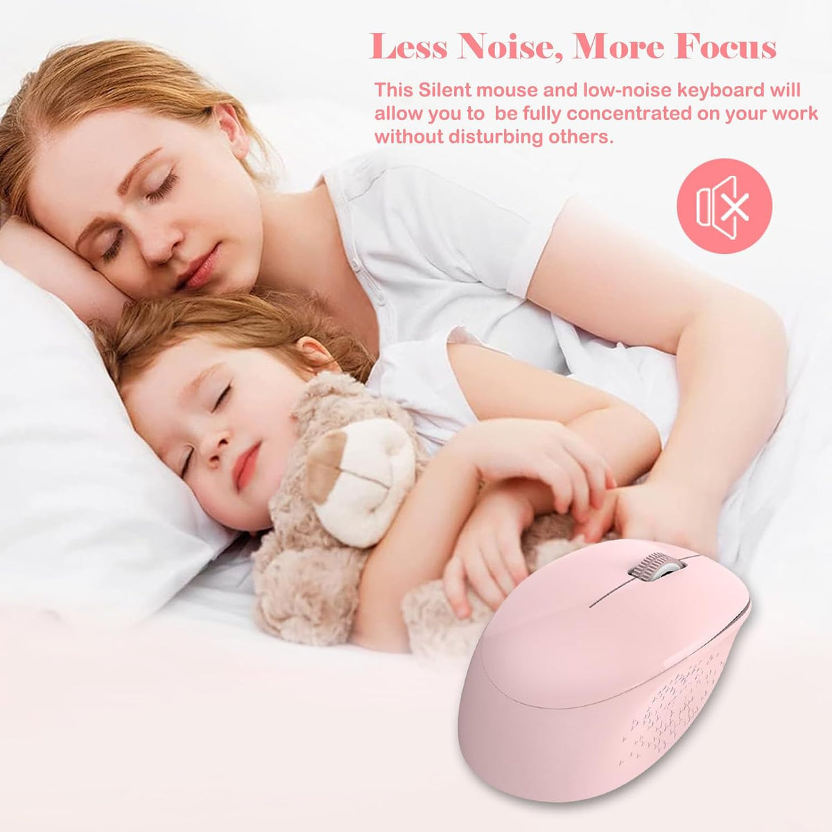 Pink Wireless Keyboard and Mouse Combo, Full-Sized Ergonomic Computer Keyboard, 2.4GHz Cordless Keyboard Silent Mouse Set with 2-in-1 USB Receiver, 12 FN Shortcuts for Windows Laptop, PC/Mac