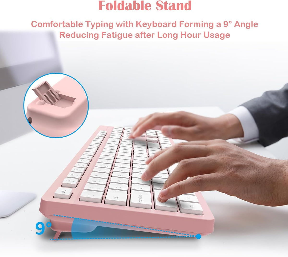 Pink Wireless Keyboard and Mouse Combo, Full-Sized Ergonomic Computer Keyboard, 2.4GHz Cordless Keyboard Silent Mouse Set with 2-in-1 USB Receiver, 12 FN Shortcuts for Windows Laptop, PC/Mac