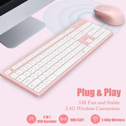Pink Wireless Keyboard and Mouse Combo, Full-Sized Ergonomic Computer Keyboard, 2.4GHz Cordless Keyboard Silent Mouse Set with 2-in-1 USB Receiver, 12 FN Shortcuts for Windows Laptop, PC/Mac
