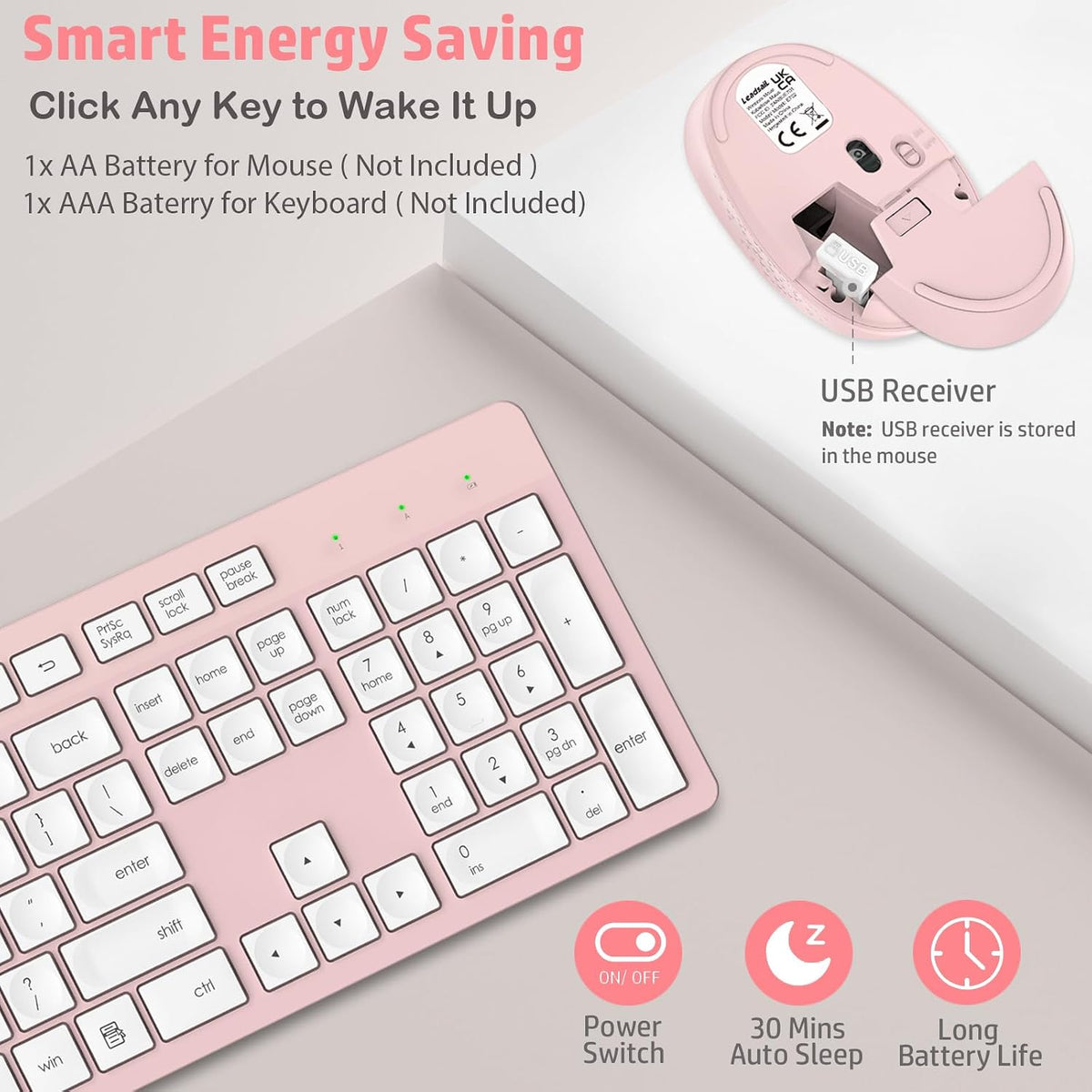 Pink Wireless Keyboard and Mouse Combo, Full-Sized Ergonomic Computer Keyboard, 2.4GHz Cordless Keyboard Silent Mouse Set with 2-in-1 USB Receiver, 12 FN Shortcuts for Windows Laptop, PC/Mac