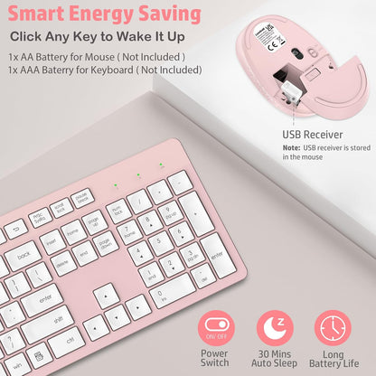 Pink Wireless Keyboard and Mouse Combo, Full-Sized Ergonomic Computer Keyboard, 2.4GHz Cordless Keyboard Silent Mouse Set with 2-in-1 USB Receiver, 12 FN Shortcuts for Windows Laptop, PC/Mac
