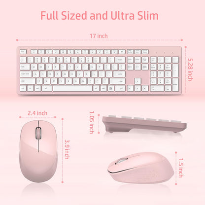 Pink Wireless Keyboard and Mouse Combo, Full-Sized Ergonomic Computer Keyboard, 2.4GHz Cordless Keyboard Silent Mouse Set with 2-in-1 USB Receiver, 12 FN Shortcuts for Windows Laptop, PC/Mac