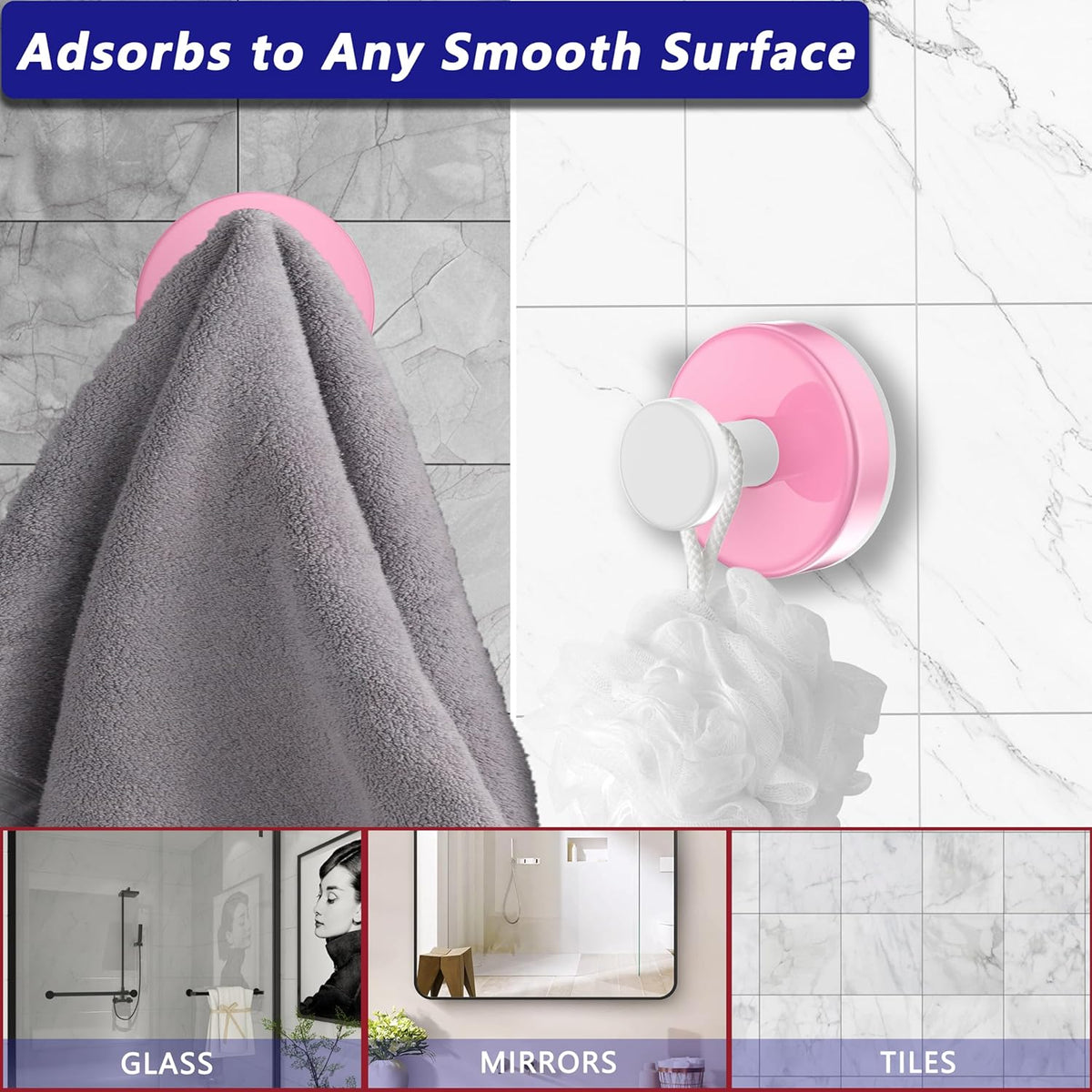 Suction Cup Hooks for Shower,Removable No Drill Towel Hook,Pink White 2 Pcs