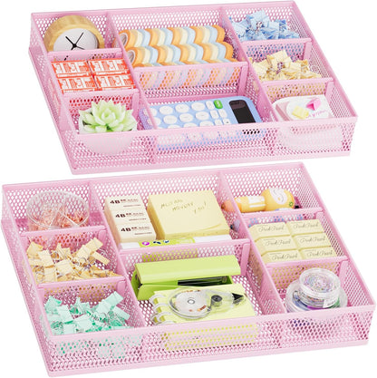 2 Pack Desk Drawer Organizer, Mesh Drawer Organizer Tray with 8 Adjustable Compartments, Desk Organizers and Accessories, 5 Dividers Drawer for Office Supplies, Makeup & Vanity (Pink)