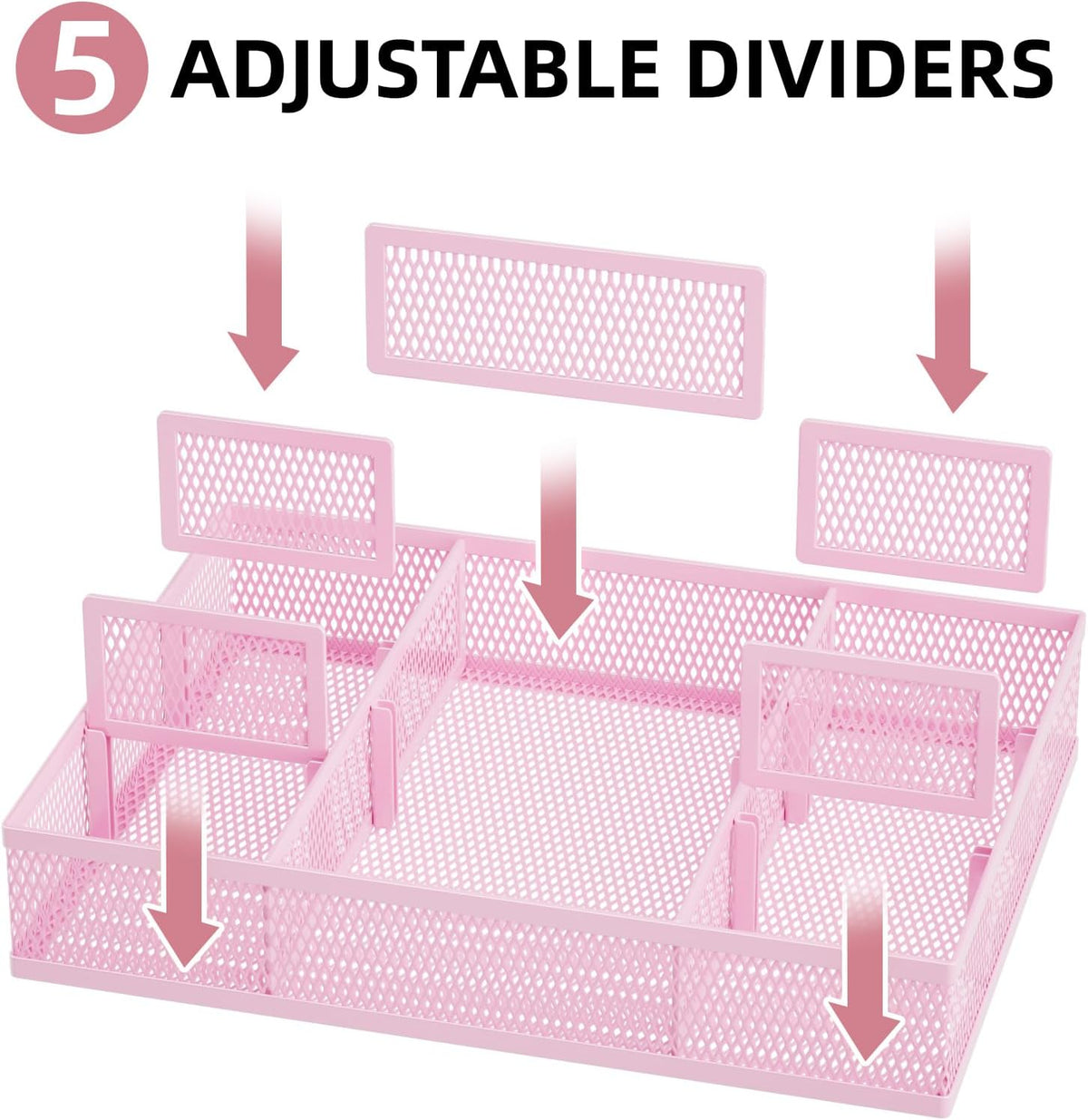 2 Pack Desk Drawer Organizer, Mesh Drawer Organizer Tray with 8 Adjustable Compartments, Desk Organizers and Accessories, 5 Dividers Drawer for Office Supplies, Makeup & Vanity (Pink)