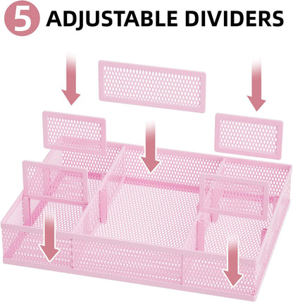 2 Pack Desk Drawer Organizer, Mesh Drawer Organizer Tray with 8 Adjustable Compartments, Desk Organizers and Accessories, 5 Dividers Drawer for Office Supplies, Makeup & Vanity (Pink)