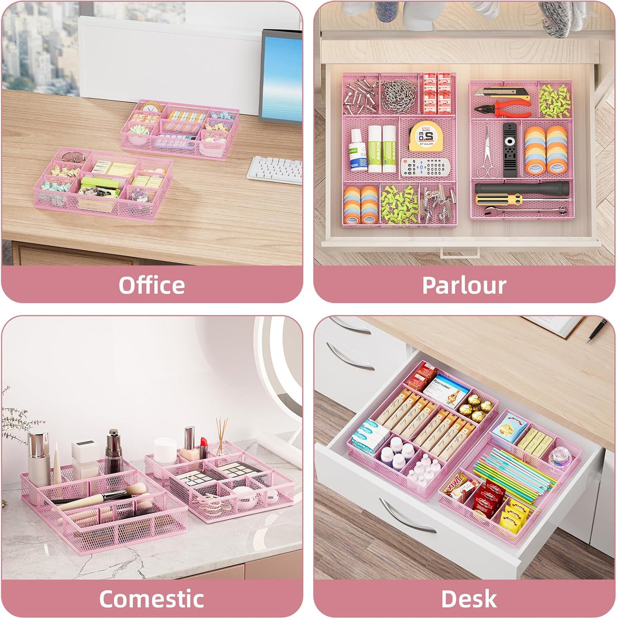 2 Pack Desk Drawer Organizer, Mesh Drawer Organizer Tray with 8 Adjustable Compartments, Desk Organizers and Accessories, 5 Dividers Drawer for Office Supplies, Makeup & Vanity (Pink)