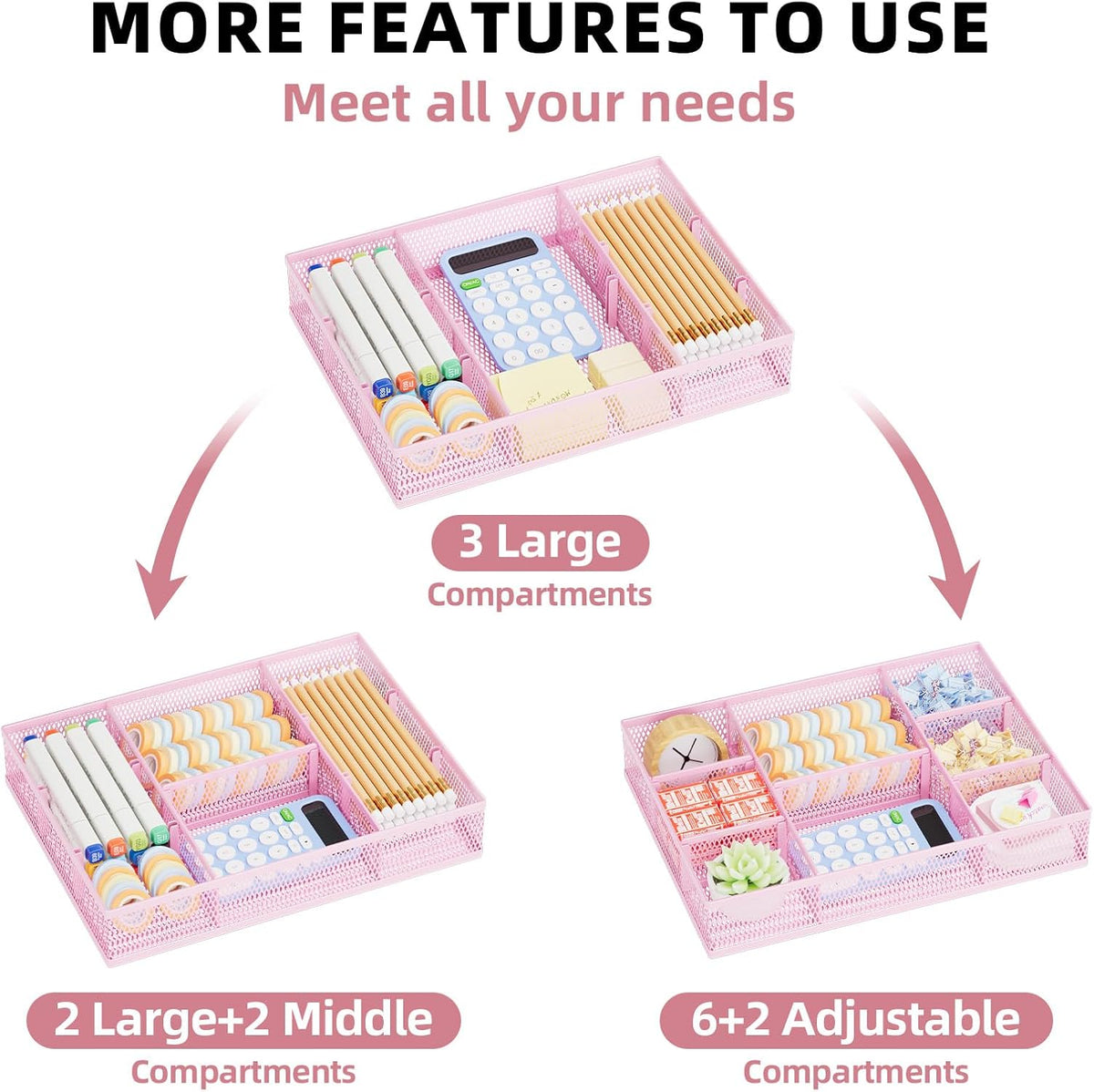 2 Pack Desk Drawer Organizer, Mesh Drawer Organizer Tray with 8 Adjustable Compartments, Desk Organizers and Accessories, 5 Dividers Drawer for Office Supplies, Makeup & Vanity (Pink)