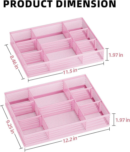 2 Pack Desk Drawer Organizer, Mesh Drawer Organizer Tray with 8 Adjustable Compartments, Desk Organizers and Accessories, 5 Dividers Drawer for Office Supplies, Makeup & Vanity (Pink)