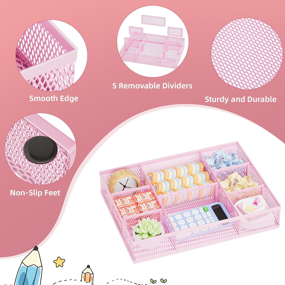 2 Pack Desk Drawer Organizer, Mesh Drawer Organizer Tray with 8 Adjustable Compartments, Desk Organizers and Accessories, 5 Dividers Drawer for Office Supplies, Makeup & Vanity (Pink)