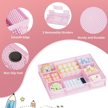 2 Pack Desk Drawer Organizer, Mesh Drawer Organizer Tray with 8 Adjustable Compartments, Desk Organizers and Accessories, 5 Dividers Drawer for Office Supplies, Makeup & Vanity (Pink)