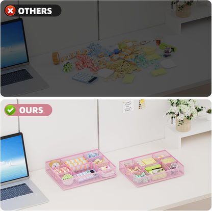 2 Pack Desk Drawer Organizer, Mesh Drawer Organizer Tray with 8 Adjustable Compartments, Desk Organizers and Accessories, 5 Dividers Drawer for Office Supplies, Makeup & Vanity (Pink)
