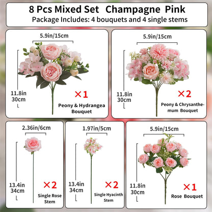 8 Pcs Mixed Artificial Peony Flowers Set-4 Bouquets & 4 Stems, Pink Fake Peony Rose Hydrangea Flowers for Vase Silk Floral Arrangements for Table Centerpiece Wedding Party Bridal Decoration Home Decor
