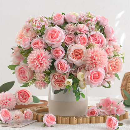 8 Pcs Mixed Artificial Peony Flowers Set-4 Bouquets & 4 Stems, Pink Fake Peony Rose Hydrangea Flowers for Vase Silk Floral Arrangements for Table Centerpiece Wedding Party Bridal Decoration Home Decor
