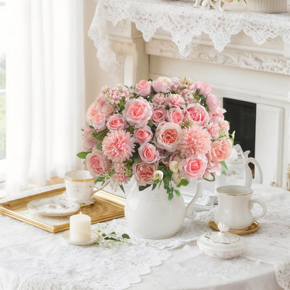 8 Pcs Mixed Artificial Peony Flowers Set-4 Bouquets & 4 Stems, Pink Fake Peony Rose Hydrangea Flowers for Vase Silk Floral Arrangements for Table Centerpiece Wedding Party Bridal Decoration Home Decor
