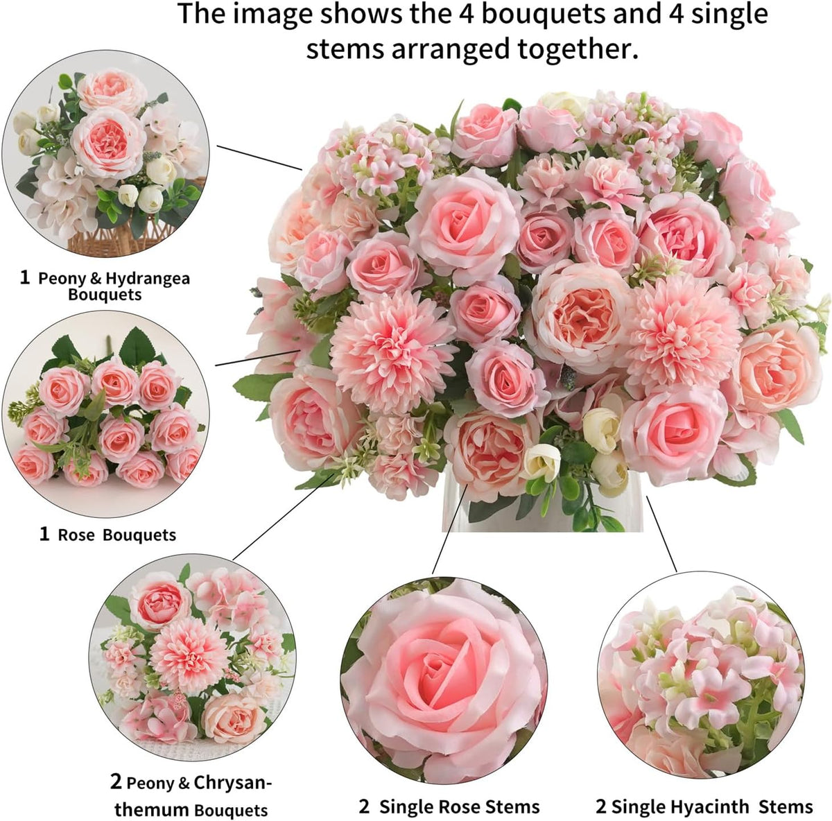 8 Pcs Mixed Artificial Peony Flowers Set-4 Bouquets & 4 Stems, Pink Fake Peony Rose Hydrangea Flowers for Vase Silk Floral Arrangements for Table Centerpiece Wedding Party Bridal Decoration Home Decor