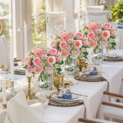 8 Pcs Mixed Artificial Peony Flowers Set-4 Bouquets & 4 Stems, Pink Fake Peony Rose Hydrangea Flowers for Vase Silk Floral Arrangements for Table Centerpiece Wedding Party Bridal Decoration Home Decor