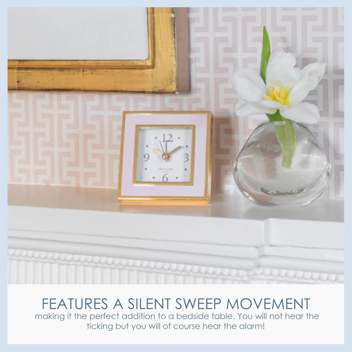 Battery Alarm Clock – Silent Sweep – Compact & Stylish – Alarm Clock Bedside – Velvet-Backed Design/Home & Office Decor – Pale Pink & Gold