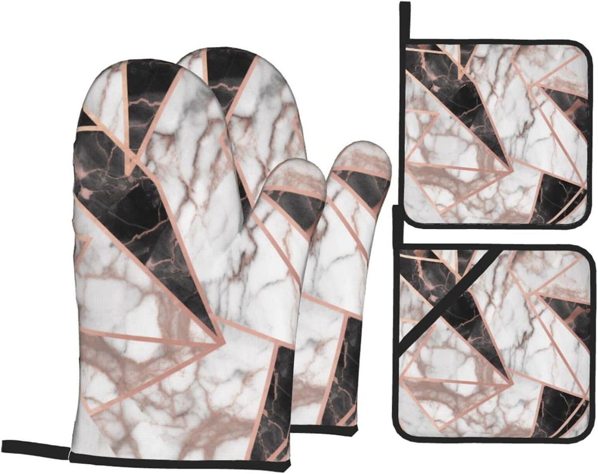 Oven Mitts and Hot Pads Set of 4, Rose Gold Marble Heat Resistant Oven Gloves Mitts and Hot Pads for Baking Cooking and Kitchen Decor