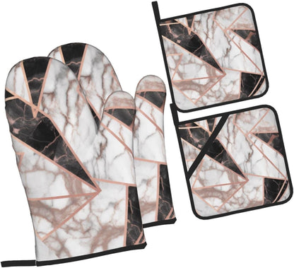 Oven Mitts and Hot Pads Set of 4, Rose Gold Marble Heat Resistant Oven Gloves Mitts and Hot Pads for Baking Cooking and Kitchen Decor