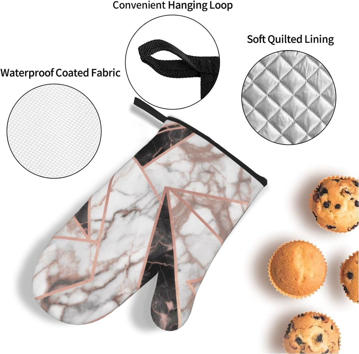 Oven Mitts and Hot Pads Set of 4, Rose Gold Marble Heat Resistant Oven Gloves Mitts and Hot Pads for Baking Cooking and Kitchen Decor