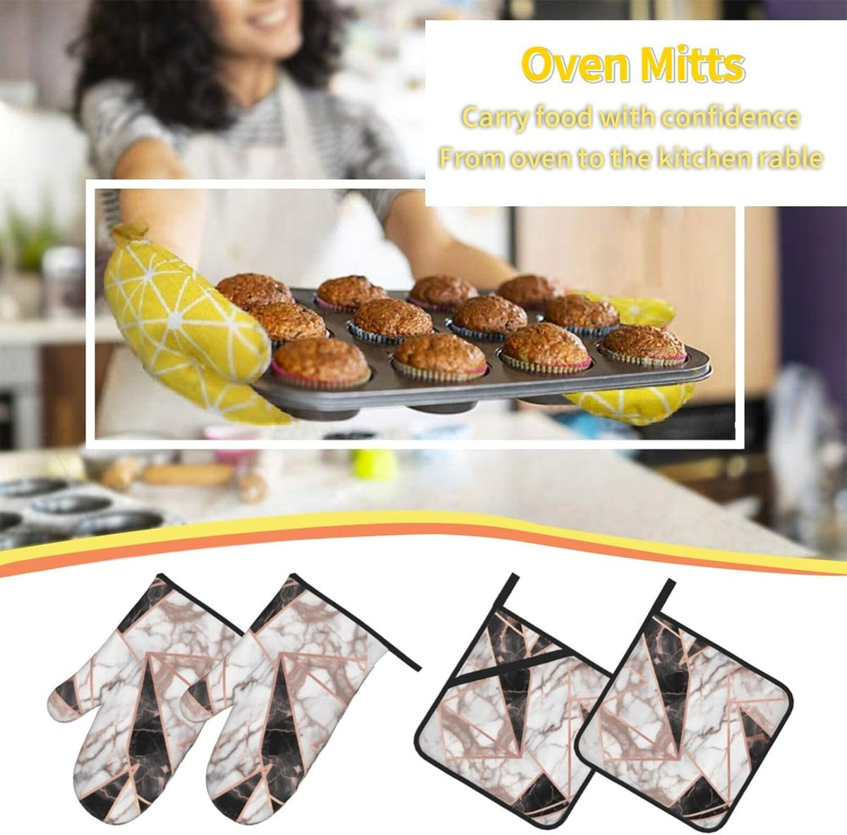 Oven Mitts and Hot Pads Set of 4, Rose Gold Marble Heat Resistant Oven Gloves Mitts and Hot Pads for Baking Cooking and Kitchen Decor