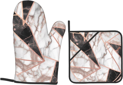 Oven Mitts and Hot Pads Set of 4, Rose Gold Marble Heat Resistant Oven Gloves Mitts and Hot Pads for Baking Cooking and Kitchen Decor