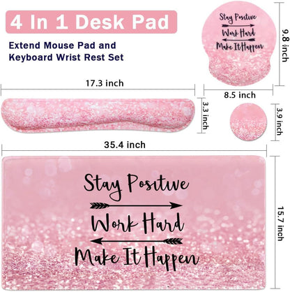 4-in-1 Gaming Mouse Pad Wrist Support Set，Desk Pad + Mouse Pad with Wrist Rest + Keyboard Wrist Rest + Coaster, Ergonomic Design for Home Office Study Game - Pink Stay Positive