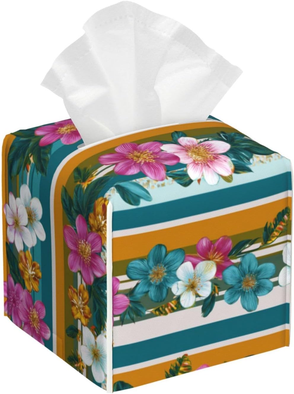 Retro Stripes Pink White Flowers Pattern Tissue Box Cover Square Pu Leather Waterproof Tissue Box Holder for Car Bathroom Bedroom Office Tabletop Decor