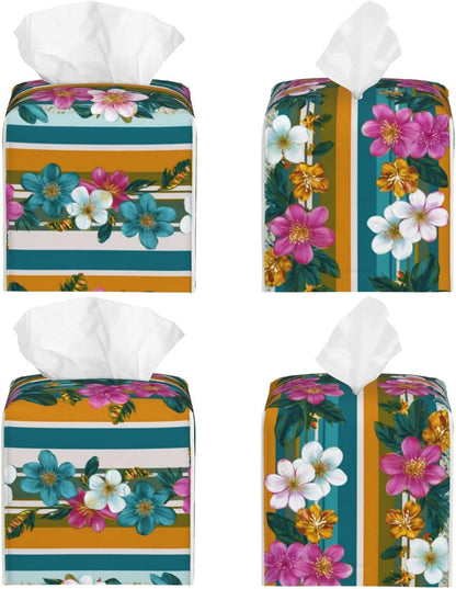 Retro Stripes Pink White Flowers Pattern Tissue Box Cover Square Pu Leather Waterproof Tissue Box Holder for Car Bathroom Bedroom Office Tabletop Decor