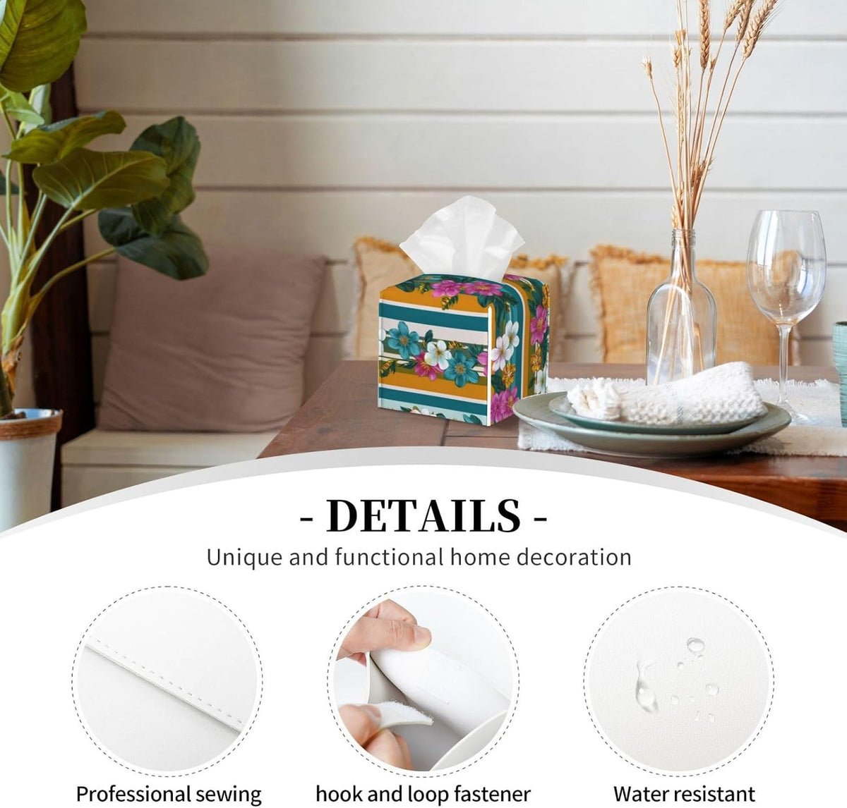 Retro Stripes Pink White Flowers Pattern Tissue Box Cover Square Pu Leather Waterproof Tissue Box Holder for Car Bathroom Bedroom Office Tabletop Decor